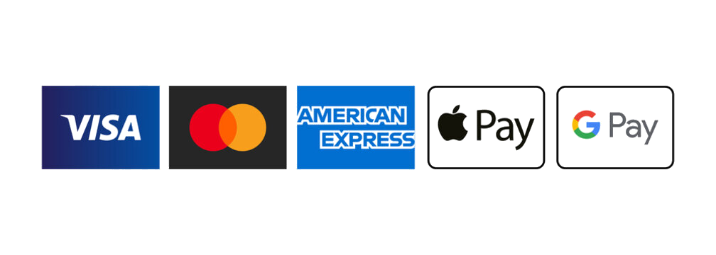 Visa, Mastercard, American Express, Apple Pay, and Google Pay