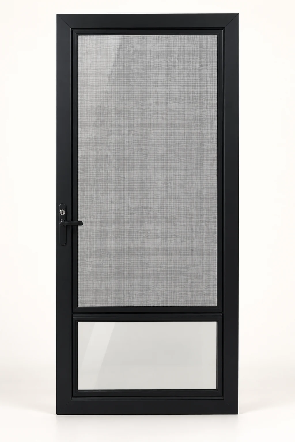 Product illustration: one-screen layout above a glass kickplate, with optional black powder-coat finish